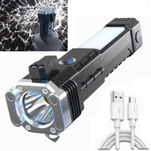 Portable Rechargeable Torch LED Flashlight Long Distance Beam Range with Power Bank, Hammer and Strong Magnets,Car Rescue Torch with Hammer Window Glass